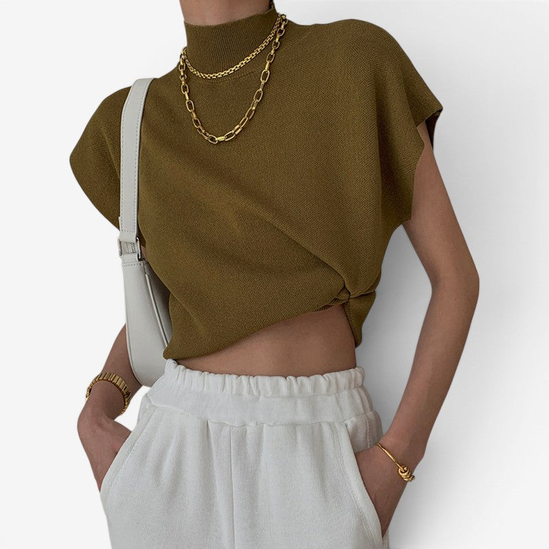 Women's Ribbed High Neck Blouse with Short Sleeves