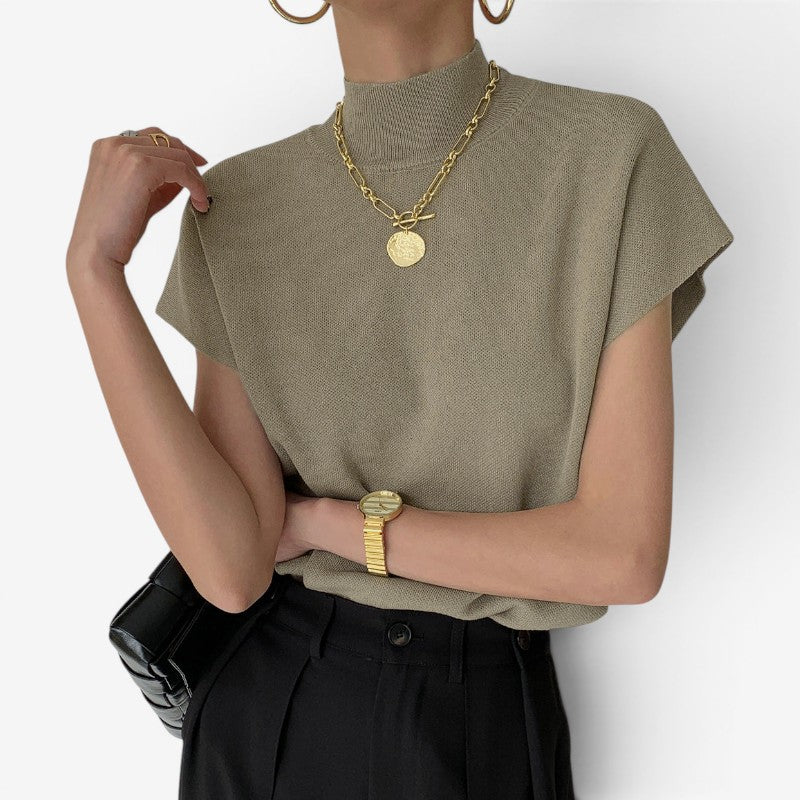 Women's Ribbed High Neck Blouse with Short Sleeves