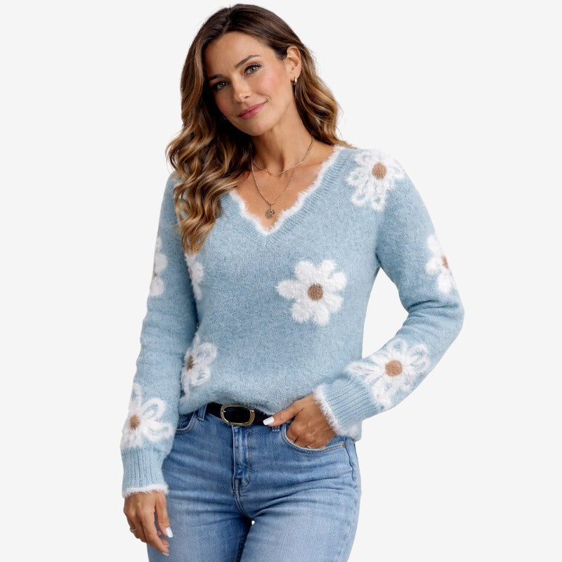 Women's V Neck Floral Embroidered Knit Sweater