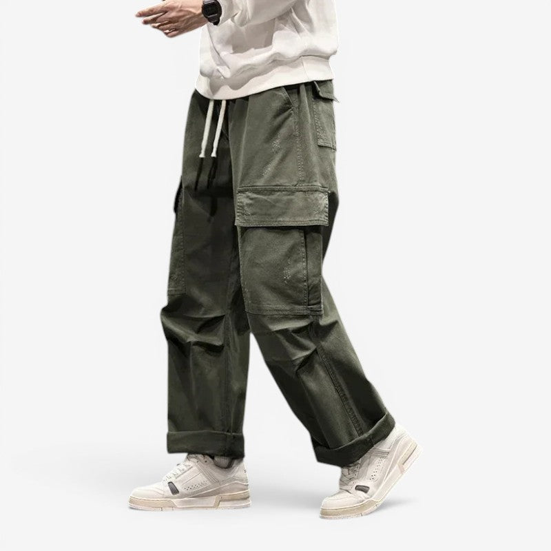 Men's Wide Leg Cargo Pants with Drawstring Waist