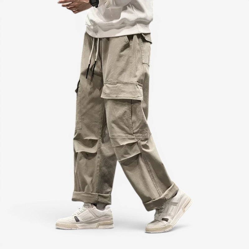 Men's Wide Leg Cargo Pants with Drawstring Waist