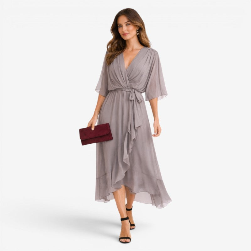 Stylish Midi Dress with V-Neck and Batwing Sleeves
