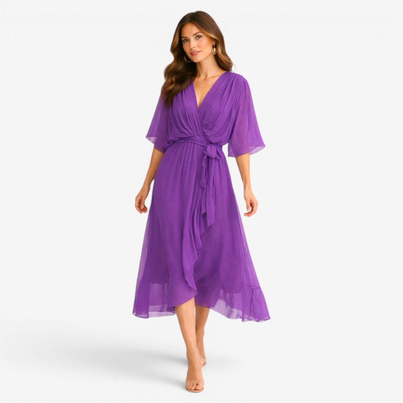 Stylish Midi Dress with V-Neck and Batwing Sleeves