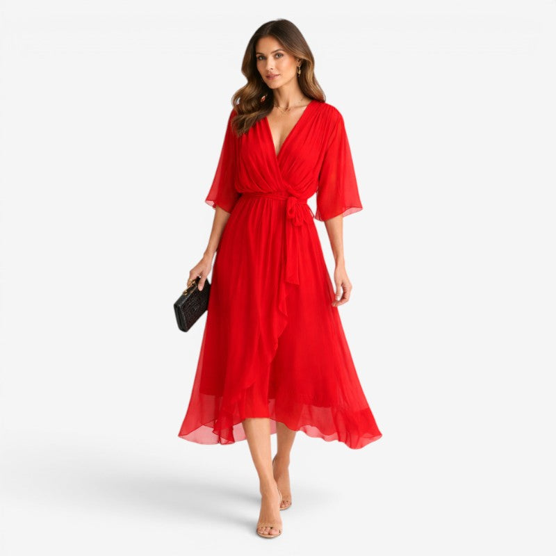 Stylish Midi Dress with V-Neck and Batwing Sleeves