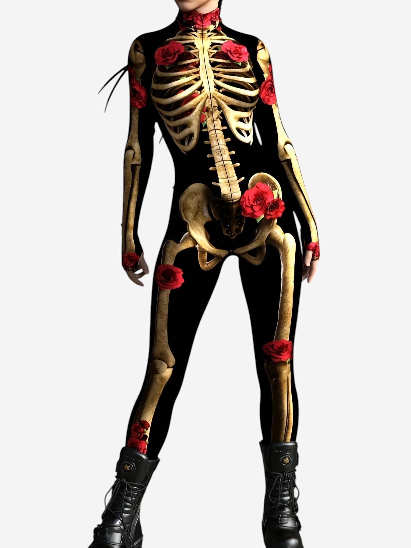Rose Accented Skeleton Print Jumpsuit for Women