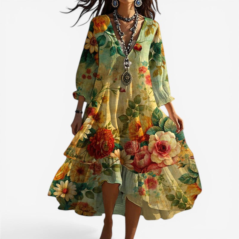 Amelia – Long Sleeved V Neck Floral Print Dress with Loose Fit