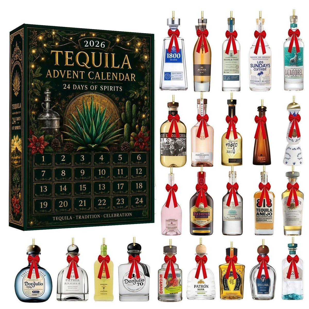 JingleSpirits - Tequila Bottle Advent Calendar with 24 Acrylic Ornaments
