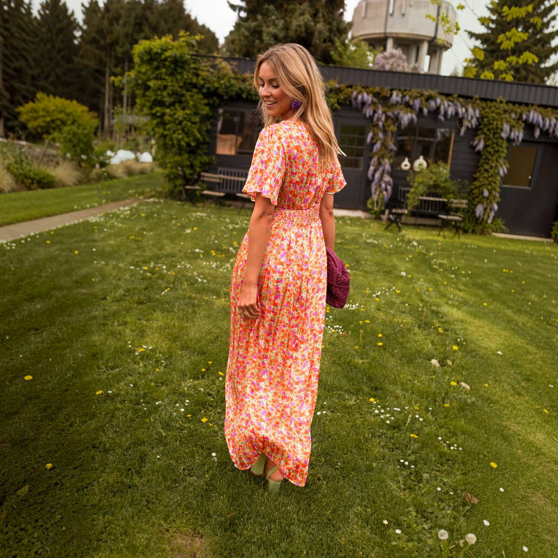 Women's Elegant V-Neck Floral Maxi Dress
