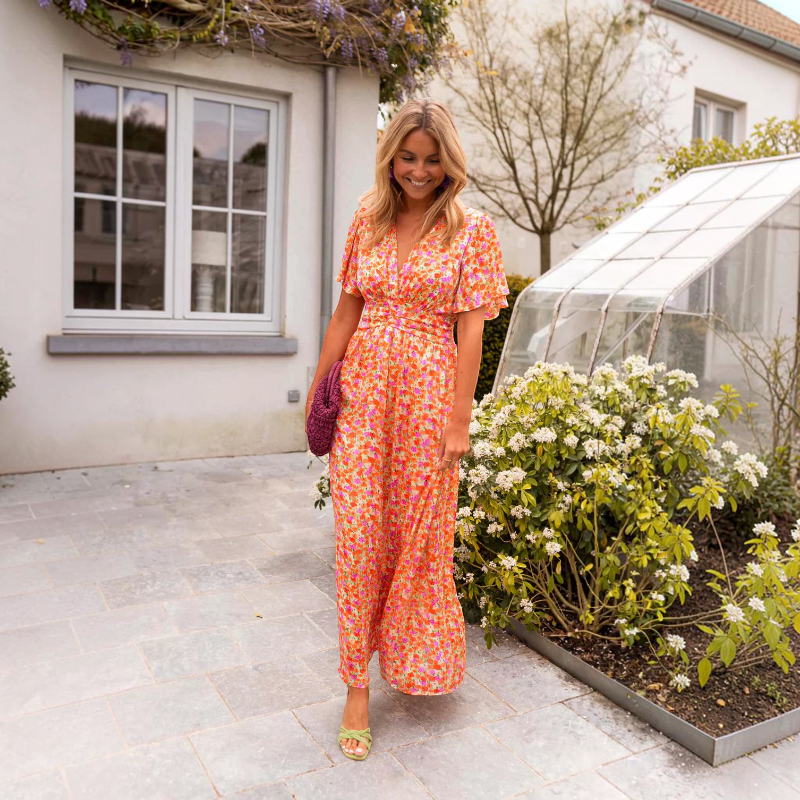 Women's Elegant V-Neck Floral Maxi Dress