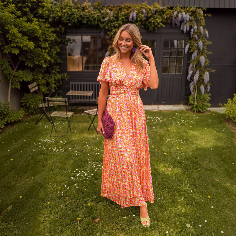 Women's Elegant V-Neck Floral Maxi Dress