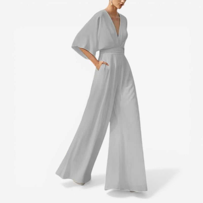 Willow - Loose Fit Short Sleeve Jumpsuit With V Neck Design