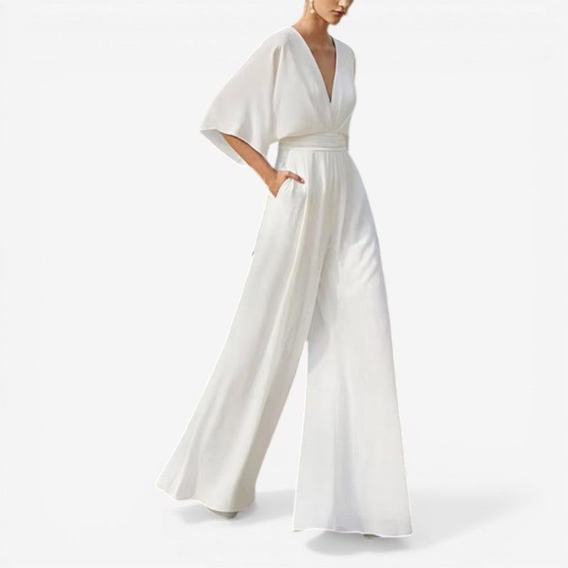 Willow - Loose Fit Short Sleeve Jumpsuit With V Neck Design
