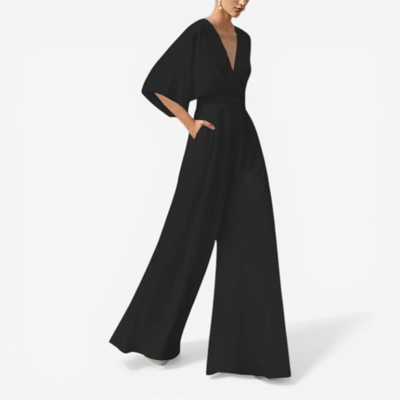 Willow - Loose Fit Short Sleeve Jumpsuit With V Neck Design