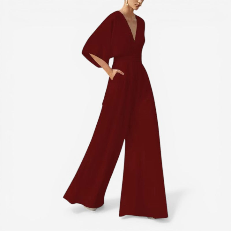 Willow - Loose Fit Short Sleeve Jumpsuit With V Neck Design