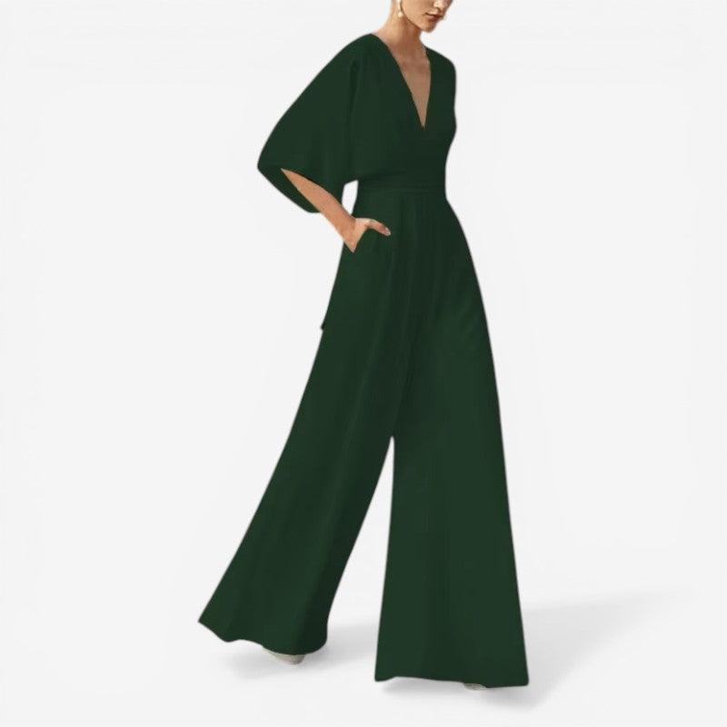 Willow - Loose Fit Short Sleeve Jumpsuit With V Neck Design